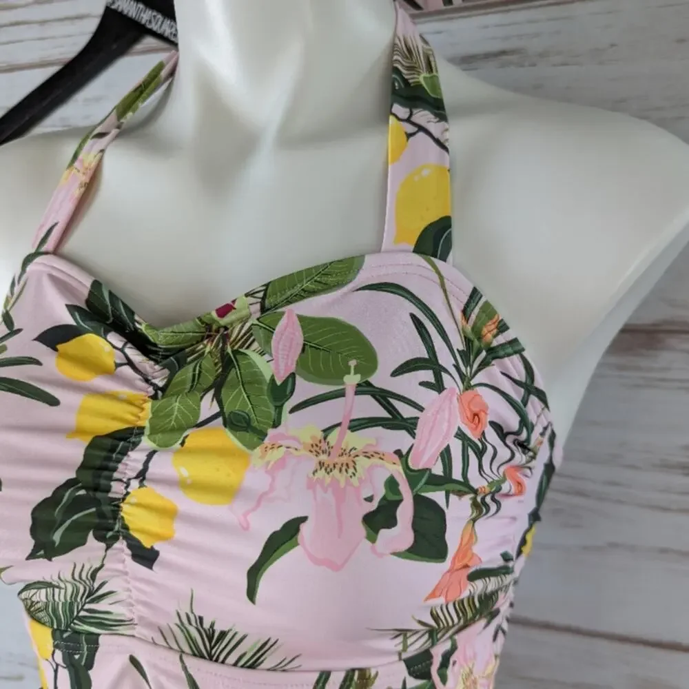 Patpat Tropical Lemon Print Pink Retro Look Halter One-piece Bathingsuit Small